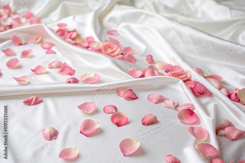 delicate pink rose petals scattered on white satin sheets, intricate, luxurious textiles, soft focus, refined, floral