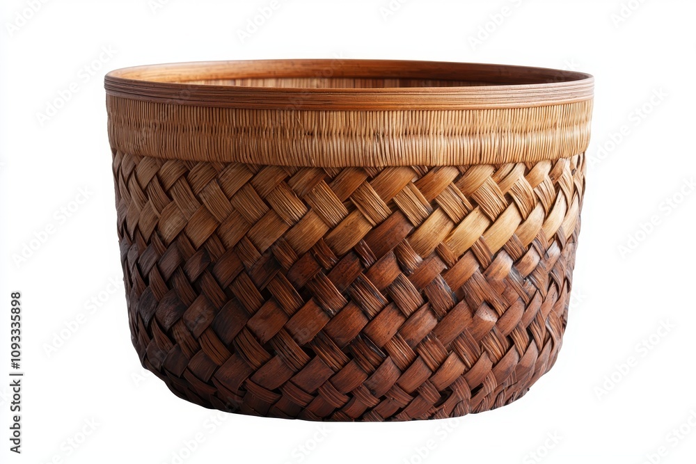 Handmade wicker basket with intricate weaving, perfect for storage or decoration, isolated on a white background. Handmade wicker basket with intricate weaving, perfect for storage or decoration, isolated on a white background.