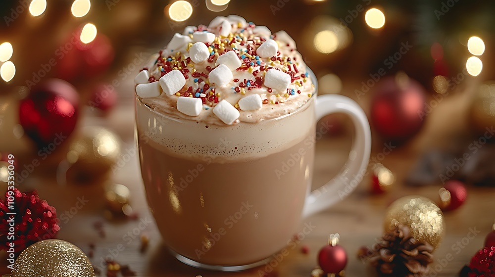 Detailed close-up of hot chocolate froth marshmallows and sprinkles surrounded by cozy Christmas decorations Detailed close-up of hot chocolate froth marshmallows and sprinkles surrounded by cozy Christmas decorations