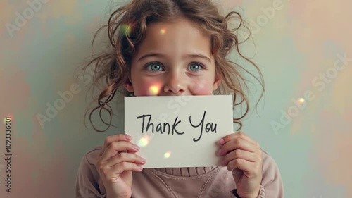 Cheerful girl holding a thank you sign with a joyful expression on a pastel background