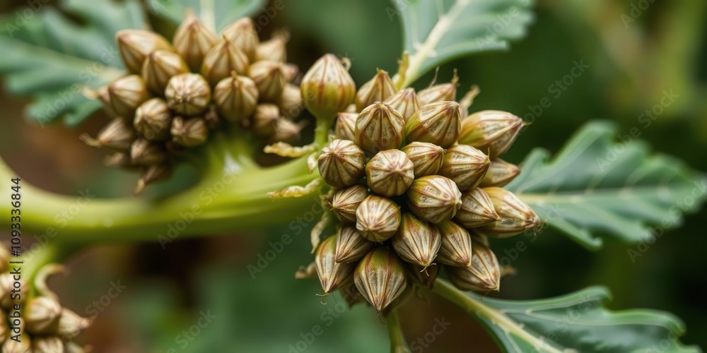 Detail of hogweed plant's seeds and seed pods on a green stem, plant anatomy, plant biology, botany Detail of hogweed plant's seeds and seed pods on a green stem, plant anatomy, plant biology, botany