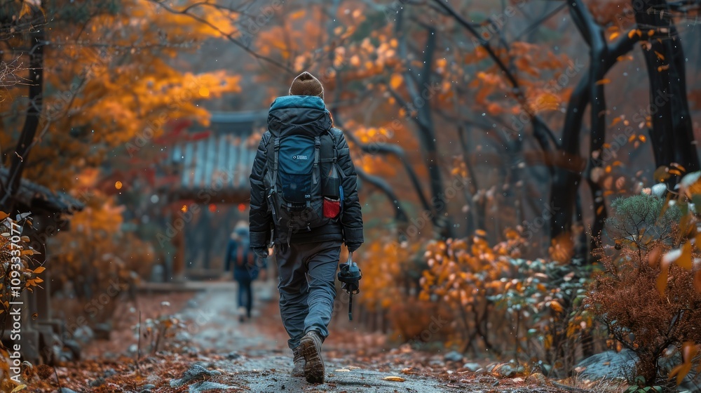 A hiker walks through a vibrant autumn landscape, capturing nature's beauty with a camera. A hiker walks through a vibrant autumn landscape, capturing nature's beauty with a camera.