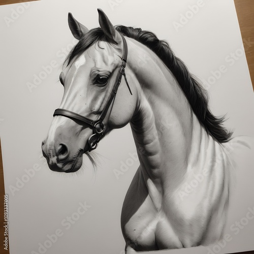 A Masterpiece of Equine Art: Hyperrealistic Pencil Drawing of a Majestic Grey Horse's Portrait, Captivating Details and Exquisite Shading photo