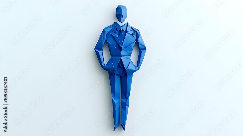 Naklejka premium A cobalt-blue origami businessman crafted from paper stands on a white background. papercraft design features a man in a blue suit, vector-like aesthetic, with copy space for advertising, creative use