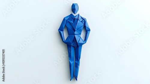 A cobalt-blue origami businessman crafted from paper stands on a white background. papercraft design features a man in a blue suit, vector-like aesthetic, with copy space for advertising, creative use