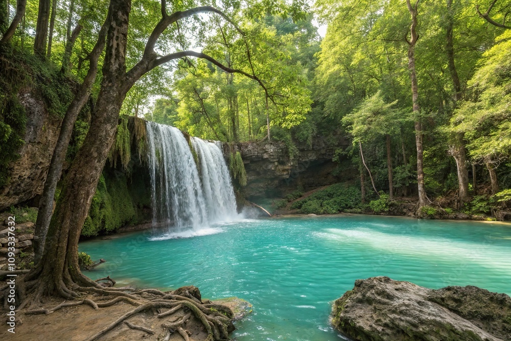 waterfall in the forest with clear turquoise water, forest scenery, misty atmosphere waterfall in the forest with clear turquoise water, forest scenery, misty atmosphere