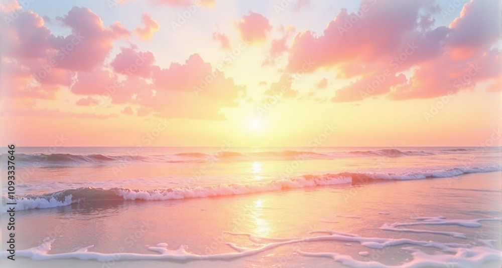 Fototapeta premium Serene sunset over ocean waves with pastel clouds and reflections on water