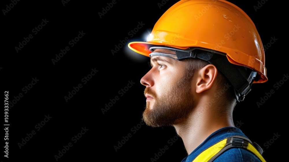 Close-up of a miner’s weathered face illuminated by headlamp glow Close-up of a miner’s weathered face illuminated by headlamp glow