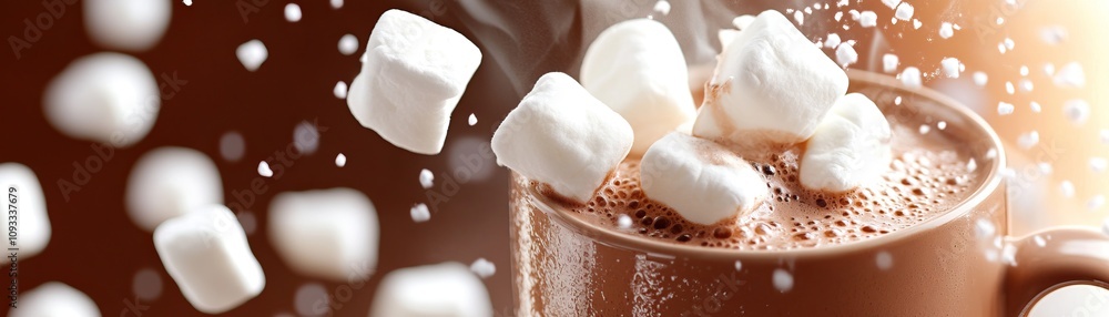 A steaming cup of hot chocolate topped with fluffy marshmallows, creating a cozy and inviting atmosphere. A steaming cup of hot chocolate topped with fluffy marshmallows, creating a cozy and inviting atmosphere.