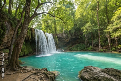 waterfall in the forest with clear turquoise water, forest scenery, misty atmosphere