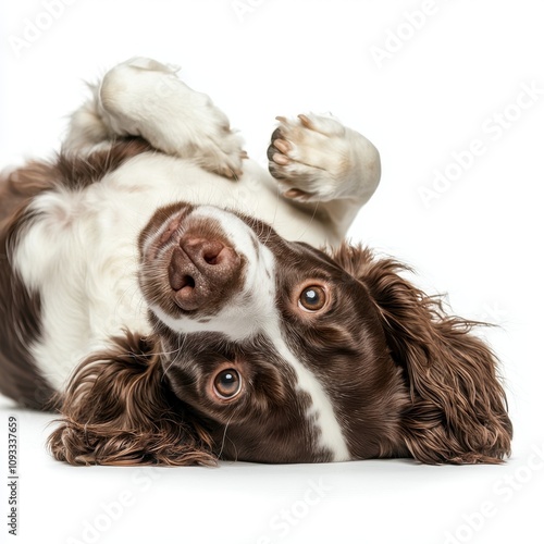 Playful brown and white dog lying on its back with a joyful expression, isolated on white background.