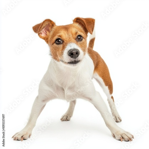 Playful dog in a dynamic pose, white isolate background.