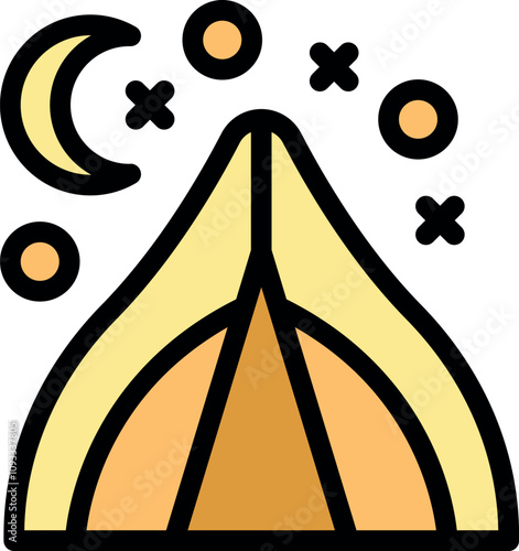 Yellow camping tent under a night sky with crescent moon, stars and planets, perfect for representing outdoor adventures and overnight stays