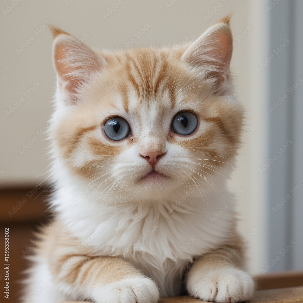 Adorable Fluffy Kitten with Striking Blue Eyes: A Close-Up Portrait of a Cream and White British Shorthair Cat Adorable Fluffy Kitten with Striking Blue Eyes: A Close-Up Portrait of a Cream and White British Shorthair Cat