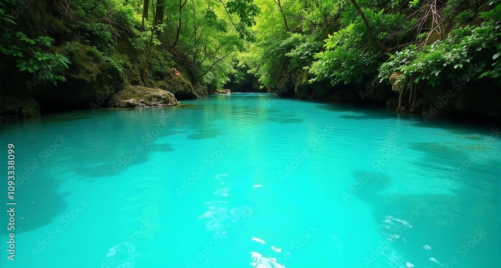 Naklejka premium Crystal clear turquoise river flowing through lush green jungle landscape