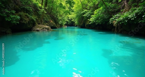 Crystal clear turquoise river flowing through lush green jungle landscape