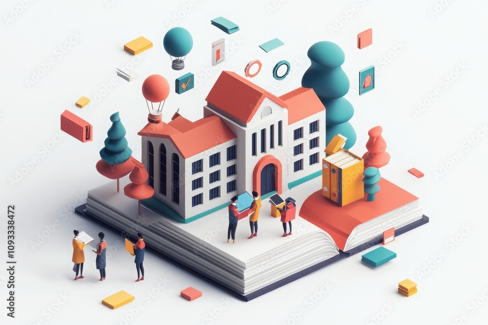 The Open Book of Knowledge: A vibrant, isometric illustration depicting a school building emerging from an open book, surrounded by playful, colorful elements symbolizing learning, imagination. The Open Book of Knowledge: A vibrant, isometric illustration depicting a school building emerging from an open book, surrounded by playful, colorful elements symbolizing learning, imagination.
