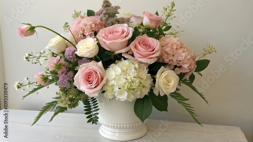 Fototapeta Naklejka Na Ścianę i Meble -  Elegant floral arrangement with long-stemmed roses peonies and hydrangeas, garden flowers, foliage, romantic wedding, spring flowers, hydrangeas