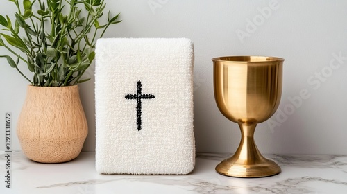 A decorative Bible with a cross and a golden chalice, accompanied by a potted plant, set on a marble surface, symbolizing faith and spirituality.