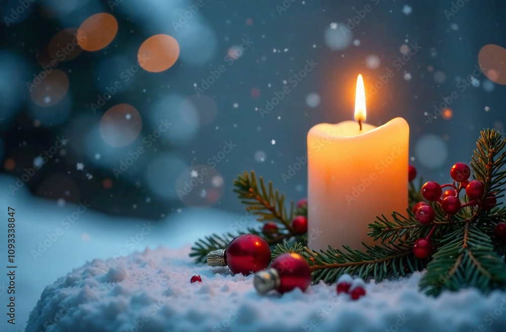 Christmas candle on snow with bokeh background. Christmas greeting card. Christmas candle on snow with bokeh background. Christmas greeting card.