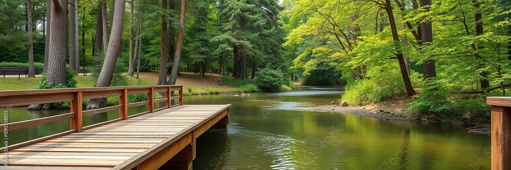 Wooden beam bridge spanning a serene summer river surrounded by tall trees and vibrant greenery, foliage, tree, forest Wooden beam bridge spanning a serene summer river surrounded by tall trees and vibrant greenery, foliage, tree, forest