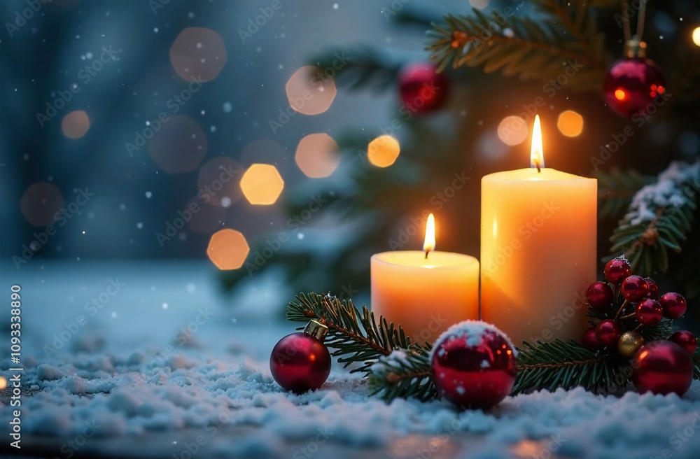 Christmas greeting card with burning candles, snow and bokeh background Christmas greeting card with burning candles, snow and bokeh background