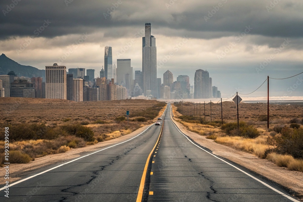 Empty stretch of asphalt road with skyscrapers looming in the distance and cars disappearing into the horizon, empty road, car in the distance, distant roads, skyscraper Empty stretch of asphalt road with skyscrapers looming in the distance and cars disappearing into the horizon, empty road, car in the distance, distant roads, skyscraper