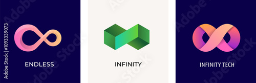 Set of Infinity logos, mobius ribbon symbols, icons. Infinity 3D, modern minimalist style. Colorful vector design