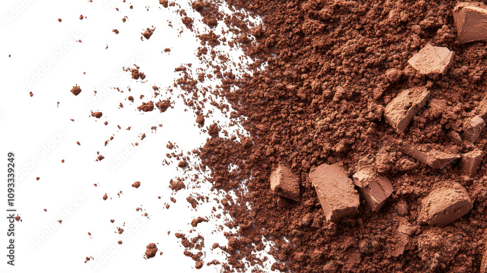 A clean pile of cocoa powder resting on a white background, displaying its rich tone. A clean pile of cocoa powder resting on a white background, displaying its rich tone.