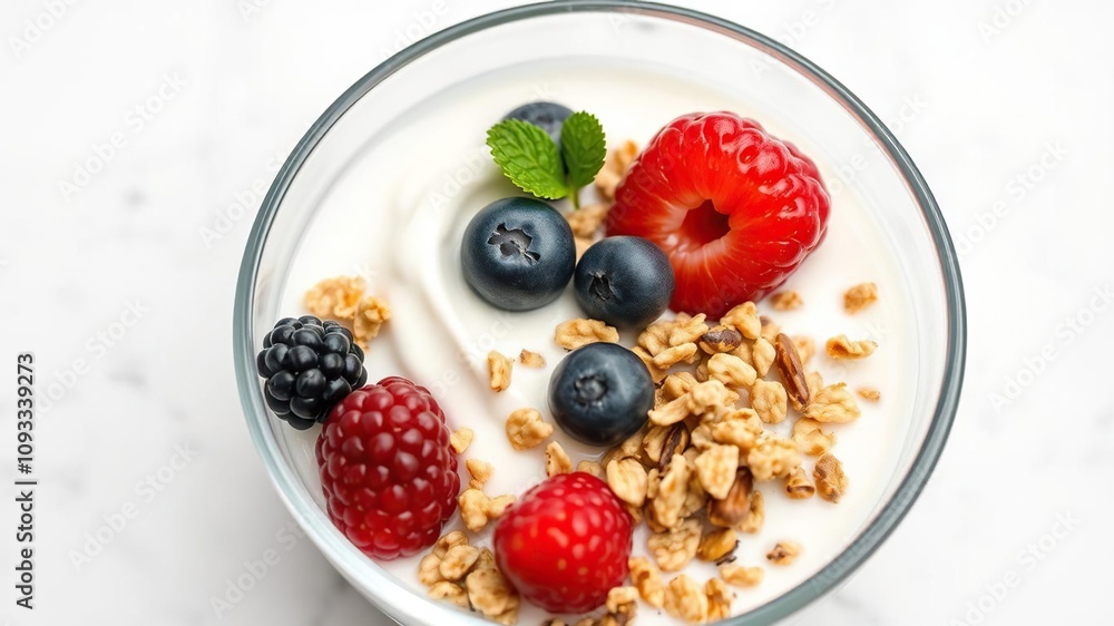 A balanced breakfast in a small glass bowl consisting of creamy yogurt complemented by the sweetness of mixed berries and crunchy muesli, yogurt, wholesome food, breakfast A balanced breakfast in a small glass bowl consisting of creamy yogurt complemented by the sweetness of mixed berries and crunchy muesli, yogurt, wholesome food, breakfast