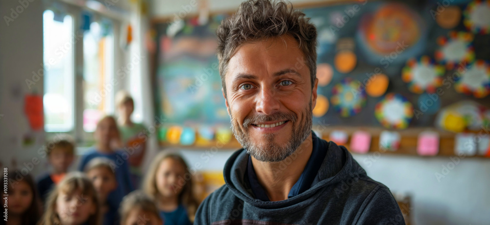 Teacher. Portrait of a happy handsome male teacher in the classroom Teacher. Portrait of a happy handsome male teacher in the classroom