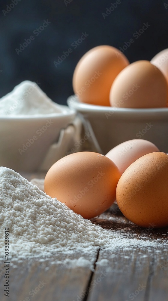 Fresh brown eggs nestled among scattered flour on rustic wooden surface, with ceramic bowl in background. Baking ingredients in natural light. Fresh brown eggs nestled among scattered flour on rustic wooden surface, with ceramic bowl in background. Baking ingredients in natural light.