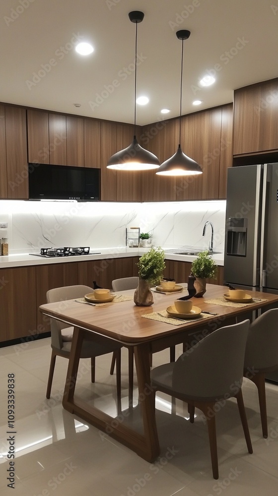 Modern kitchen with warm wood tones, sleek pendant lights, and a cozy dining area. Seamless blend of functionality and style in this inviting culinary space. Modern kitchen with warm wood tones, sleek pendant lights, and a cozy dining area. Seamless blend of functionality and style in this inviting culinary space.