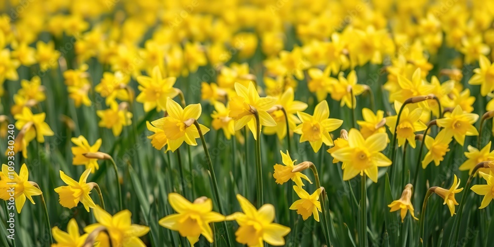 Field of bright yellow daffodil flowers swaying gently in the breeze, wildflowers, sunshine
