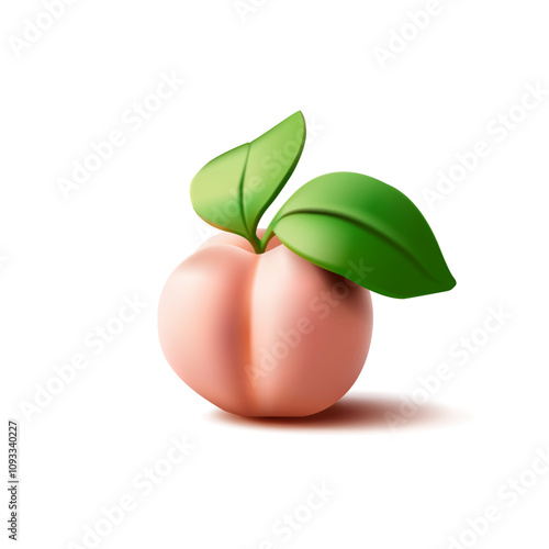 3D realistic peach with leaves. Delicious farm peach for fruit product design concepts, juice, and vitamins. Vector illustration.