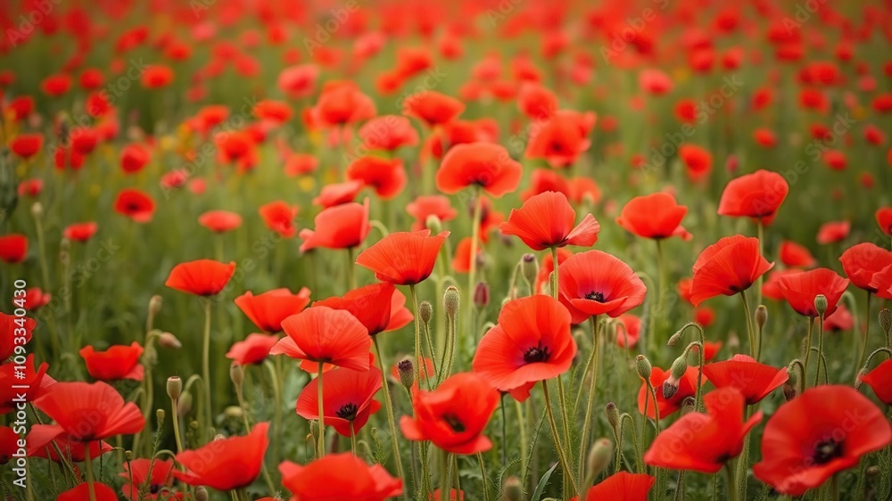 Fototapeta premium fields of red poppy flowers blooming in summer, summer, plant life