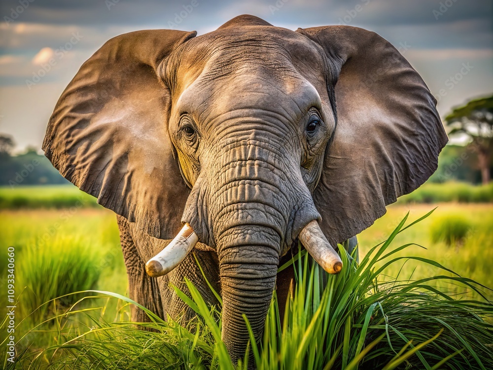 Fototapeta premium A captivating close-up portrait showcases the peaceful side of an African bush elephant feeding in Khwai Moremi Game Reserve.