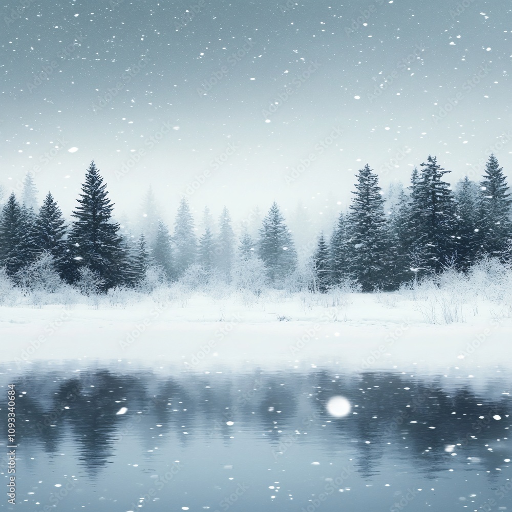 Serene Winter Wonderland Snow Falling on a Frozen Lake with Evergreens Serene Winter Wonderland Snow Falling on a Frozen Lake with Evergreens