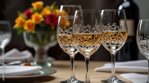 Elegant wine glasses filled with white wine on a table setting with roses.