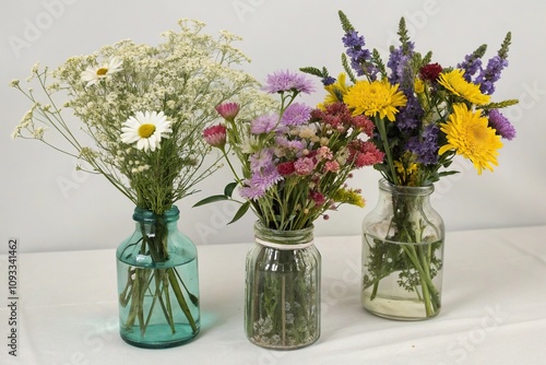 Wallpaper Mural A collection of four glass vases containing an assortment of wildflowers in different colors and textures, flowers, wildflowers, gardening supplies, decorative accents, home decor Torontodigital.ca