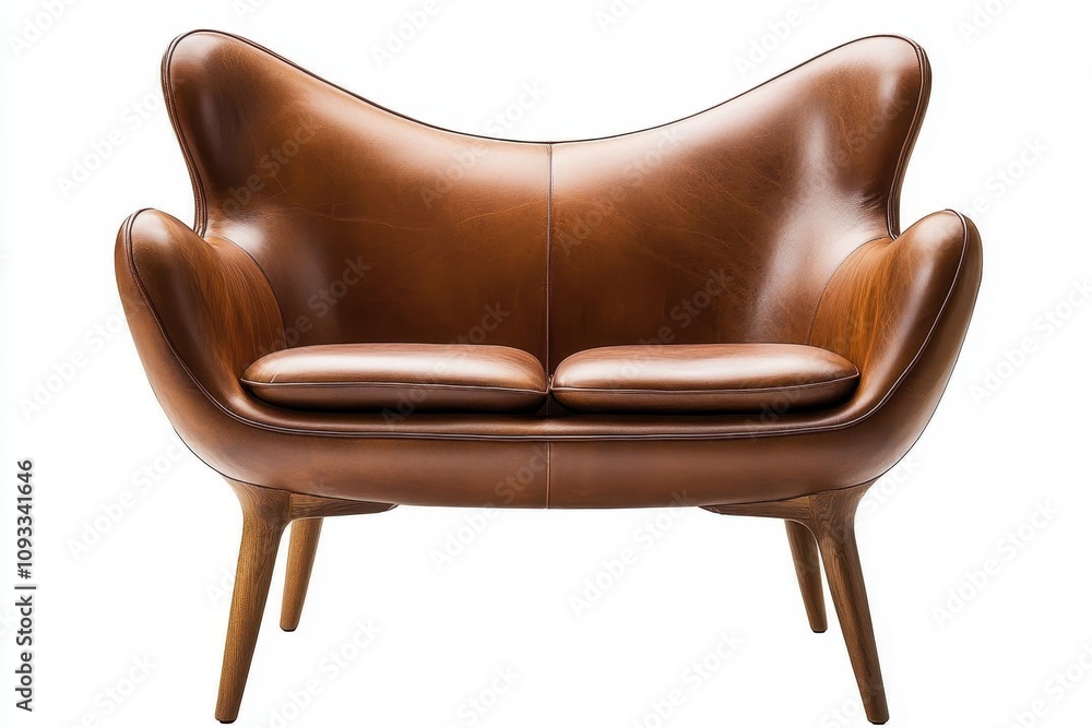 Stylish mid-century brown leather sofa on white isolated background. Stylish mid-century brown leather sofa on white isolated background.