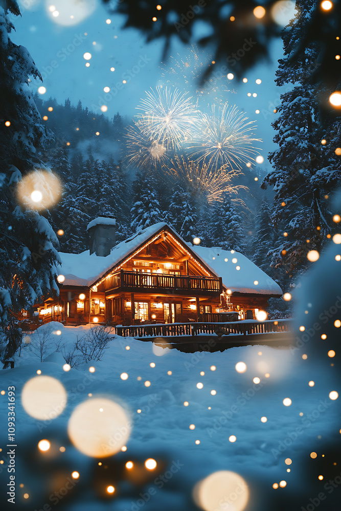 A snowy mountain lodge lit up with warm lights surrounded by fireworks celebrating the New Year A snowy mountain lodge lit up with warm lights surrounded by fireworks celebrating the New Year