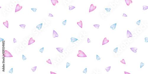 Pink, blue and purple hearts. Isolated hand drawn romantic watercolor seamless Background. Surface pattern design for Valentine's Day, clothes, wrapping paper, textiles, fabric