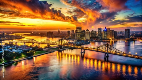 Aerial cityscapes, New Orleans.  River view, architecture contrasts.
