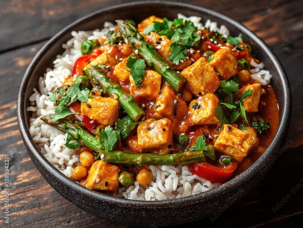 Delicious Vegan Curry with Tofu, Vegetables, and Rice Served in a Dark Bowl on a Wooden Table, Garnished with Fresh Herbs and Spices Delicious Vegan Curry with Tofu, Vegetables, and Rice Served in a Dark Bowl on a Wooden Table, Garnished with Fresh Herbs and Spices