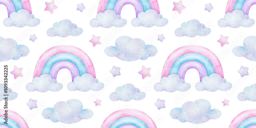 Rainbows, clouds and stars. Isolated hand drawn watercolor seamless pattern. Kids Surface design for children's rooms, goods, clothes, postcards, baby shower and nursery, fabric Rainbows, clouds and stars. Isolated hand drawn watercolor seamless pattern. Kids Surface design for children's rooms, goods, clothes, postcards, baby shower and nursery, fabric