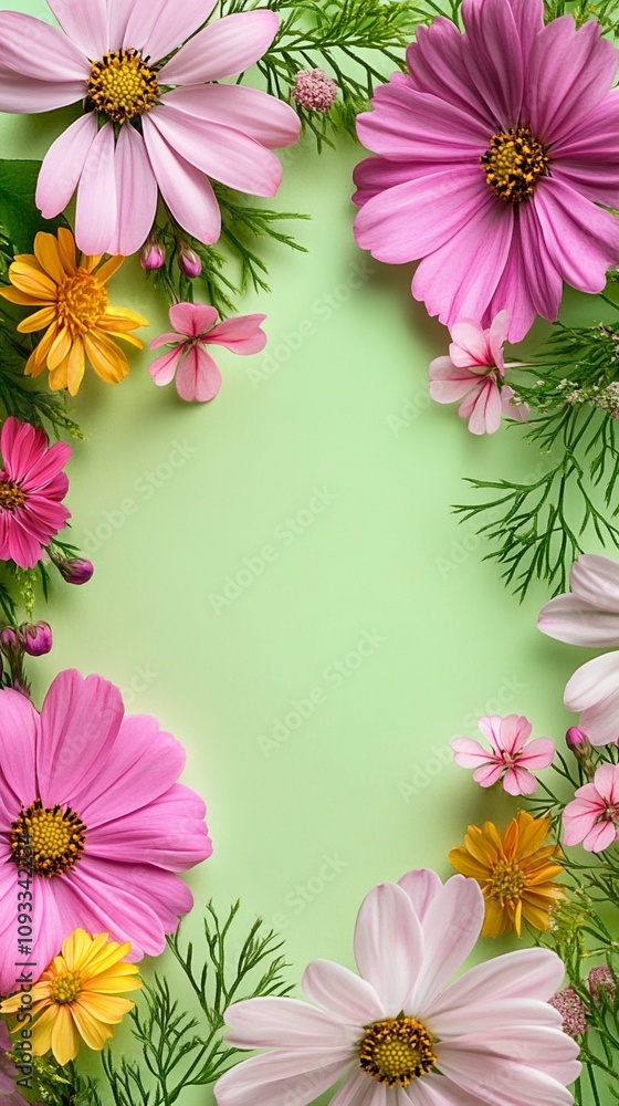 Vibrant cosmos and daisy flowers create a charming floral frame against a soft green background, perfect for spring designs or nature-inspired layouts. Vibrant cosmos and daisy flowers create a charming floral frame against a soft green background, perfect for spring designs or nature-inspired layouts.