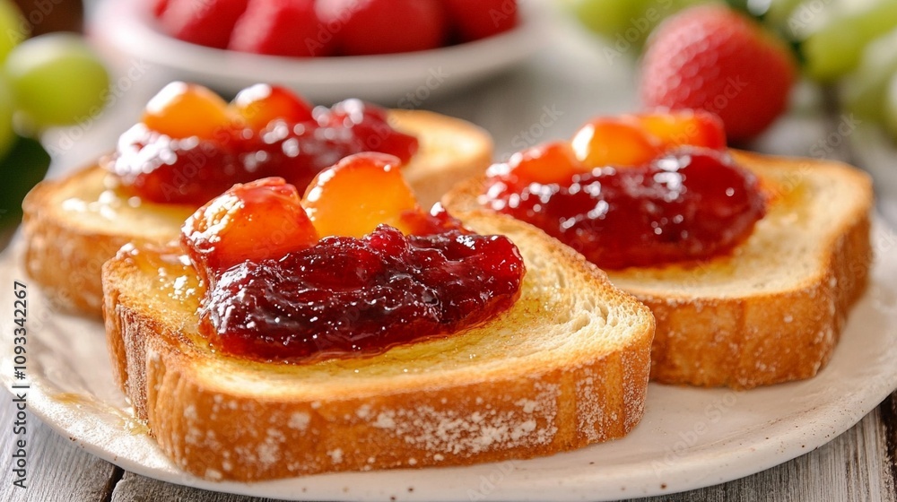 Delectable toast slices adorned with vibrant strawberry jam and fresh apricot halves, served on a white plate alongside colorful grapes and strawberries. Delectable toast slices adorned with vibrant strawberry jam and fresh apricot halves, served on a white plate alongside colorful grapes and strawberries.