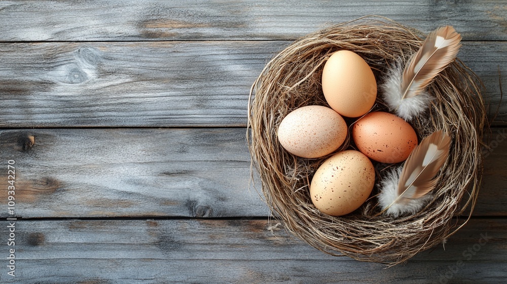 Rustic nest with fresh farm eggs and soft feathers on weathered wooden background, symbolizing nature's simplicity and the beauty of organic living. Rustic nest with fresh farm eggs and soft feathers on weathered wooden background, symbolizing nature's simplicity and the beauty of organic living.