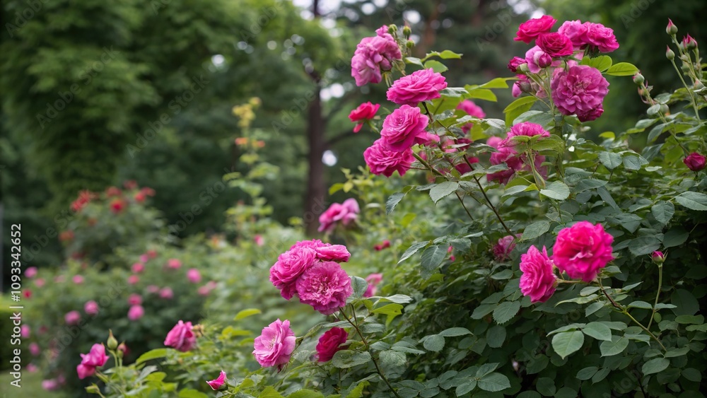 Obraz premium fuchsia colored bush roses against a lush green background, blooming flowers, garden design, leafy greens, serene landscape